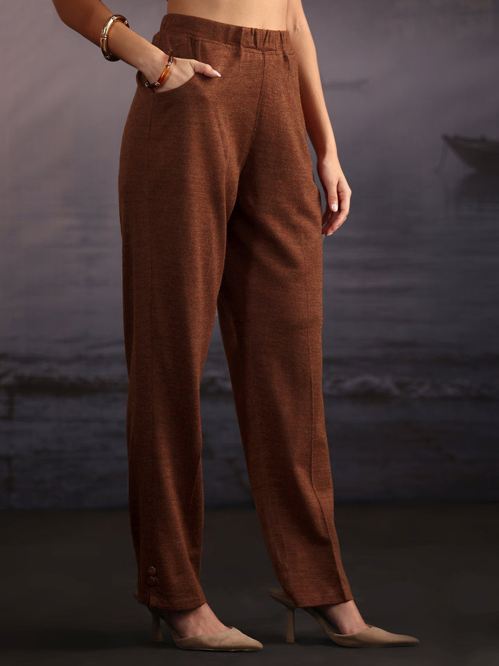 Libas Rust Brown Kashmiri Style Embroidered Woolen Straight Suit Set