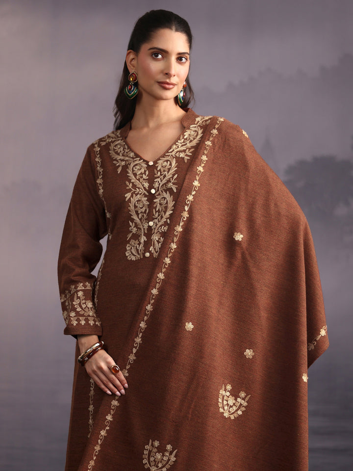 Libas Rust Brown Kashmiri Style Embroidered Woolen Straight Suit Set