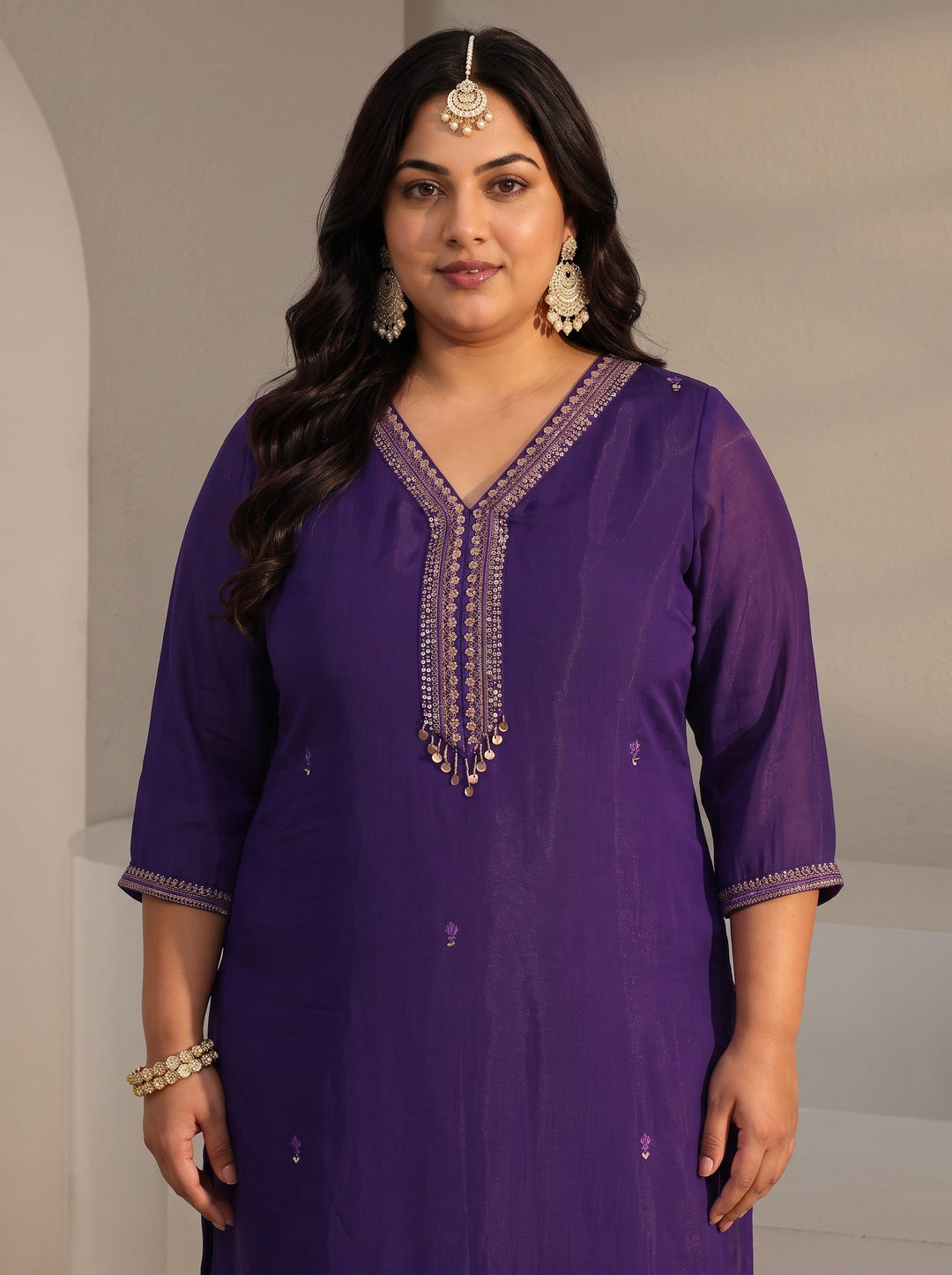 Plus Size Purple Embroidered Chanderi Silk Straight Suit Set With Dupatta