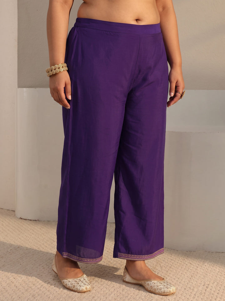 Plus Size Purple Embroidered Chanderi Silk Straight Suit Set With Dupatta