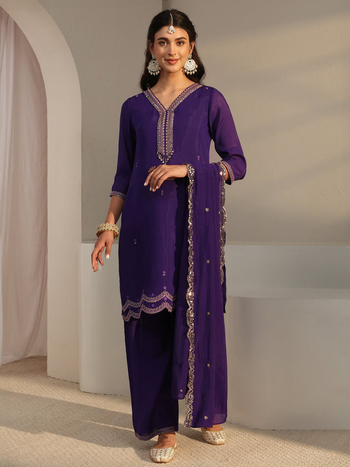 Purple Embroidered Chanderi Silk Straight Suit Set With Dupatta