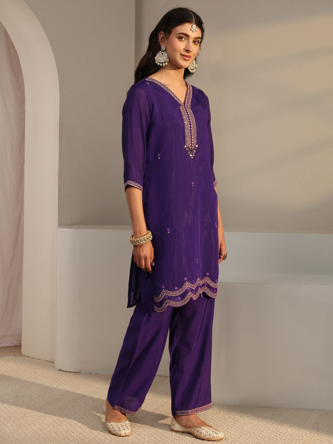 Purple Embroidered Chanderi Silk Straight Suit Set With Dupatta