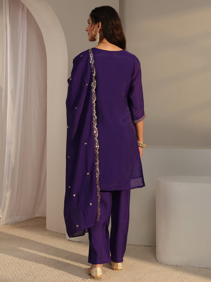 Purple Embroidered Chanderi Silk Straight Suit Set With Dupatta