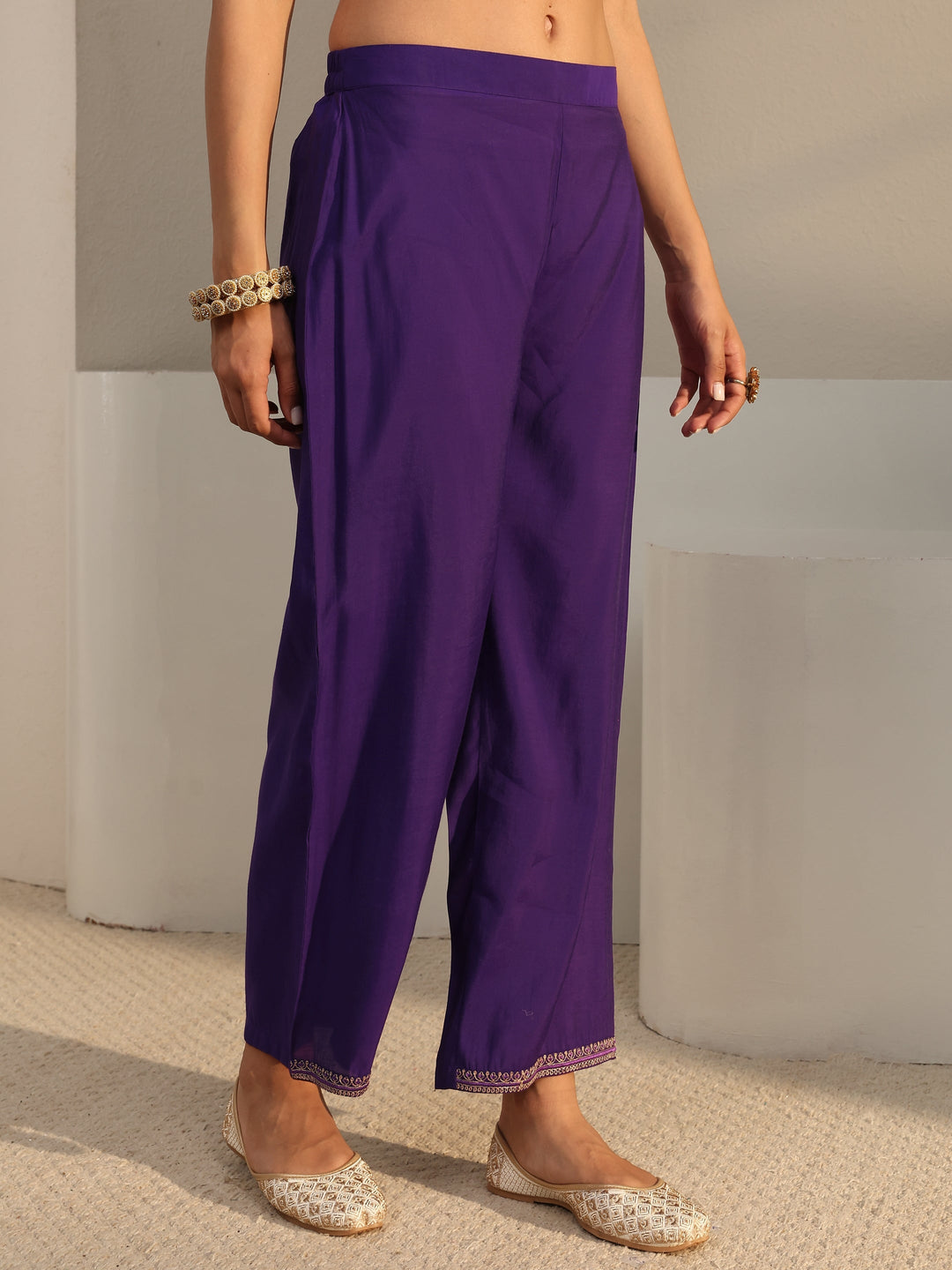 Purple Embroidered Chanderi Silk Straight Suit Set With Dupatta
