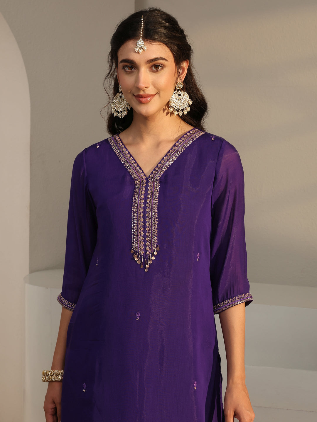 Purple Embroidered Chanderi Silk Straight Suit Set With Dupatta