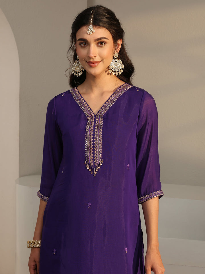 Purple Embroidered Chanderi Silk Straight Suit Set With Dupatta