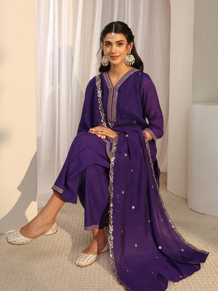Purple Embroidered Chanderi Silk Straight Suit Set With Dupatta