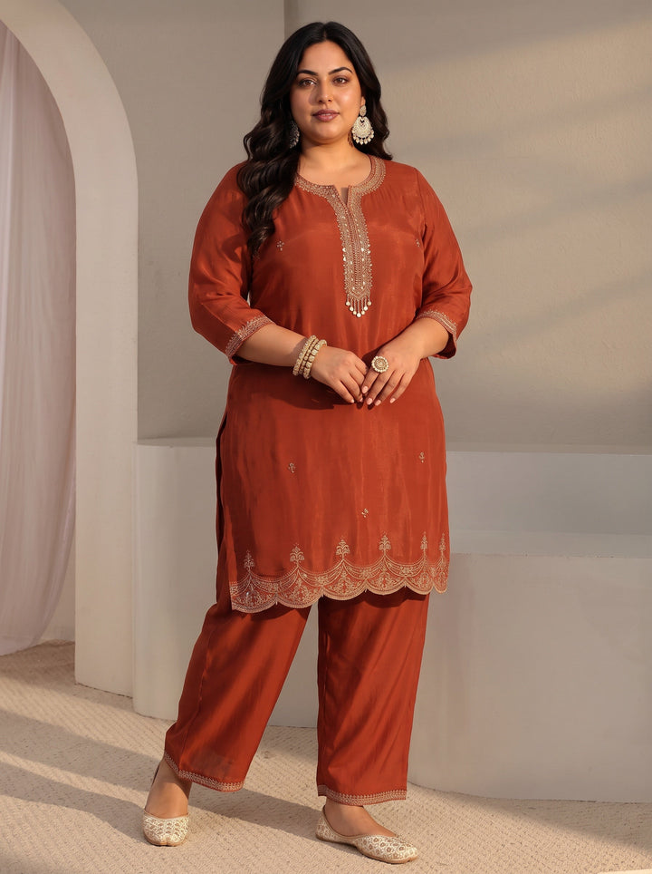 Plus Size Rust Embroidered Chanderi Silk Straight Suit Set With Dupatta