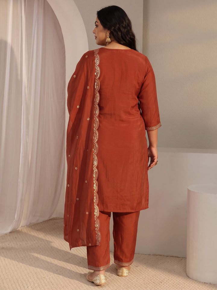 Plus Size Rust Embroidered Chanderi Silk Straight Suit Set With Dupatta