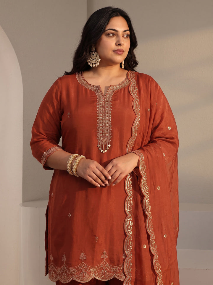 Plus Size Rust Embroidered Chanderi Silk Straight Suit Set With Dupatta