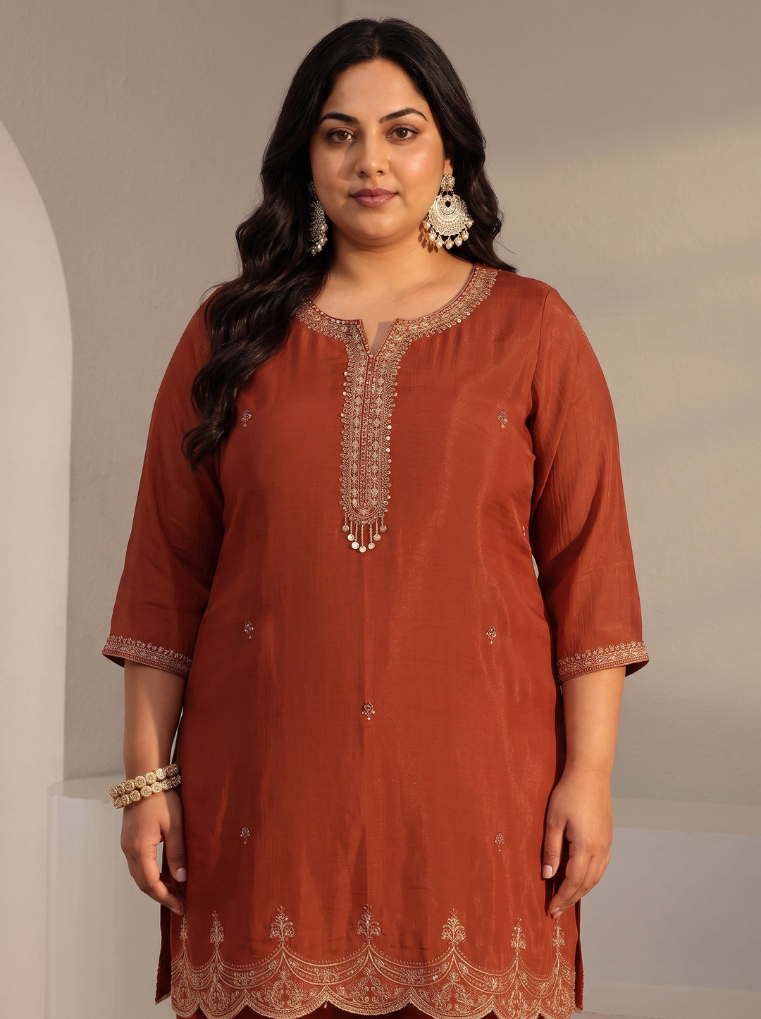 Plus Size Rust Embroidered Chanderi Silk Straight Suit Set With Dupatta