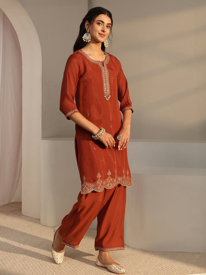 Rust Embroidered Chanderi Silk Straight Suit Set With Dupatta