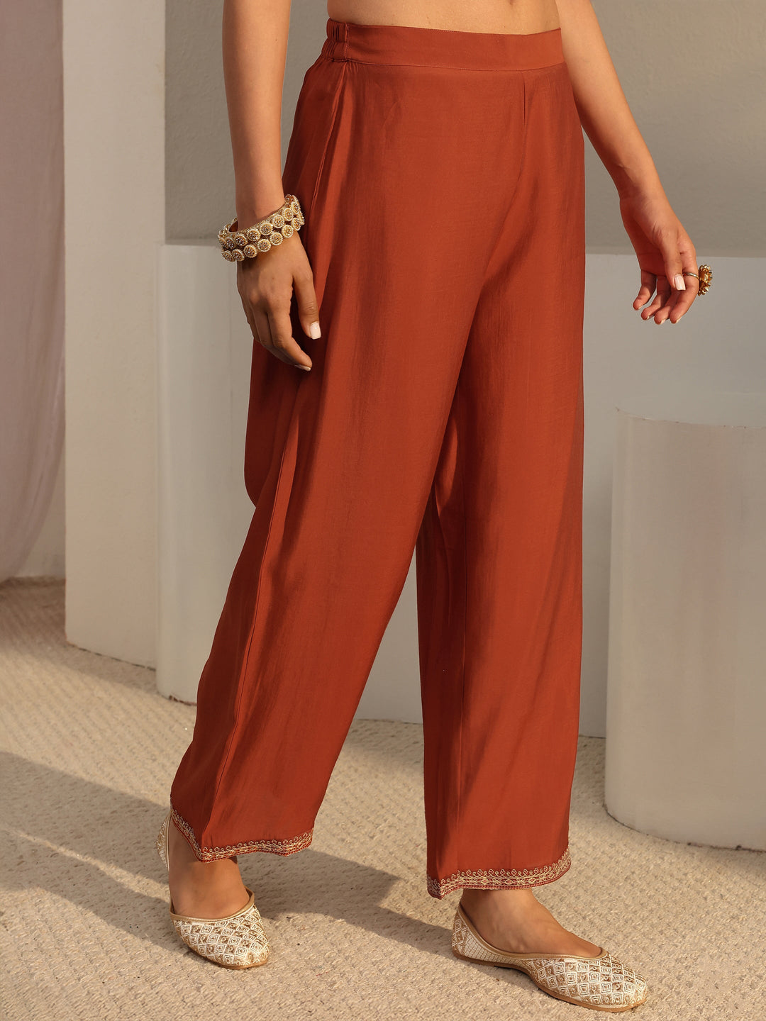 Rust Embroidered Chanderi Silk Straight Suit Set With Dupatta