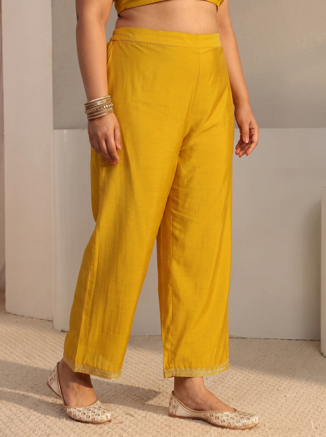 Plus Size Yellow Embellished Chanderi Silk Straight Suit Set With Dupatta