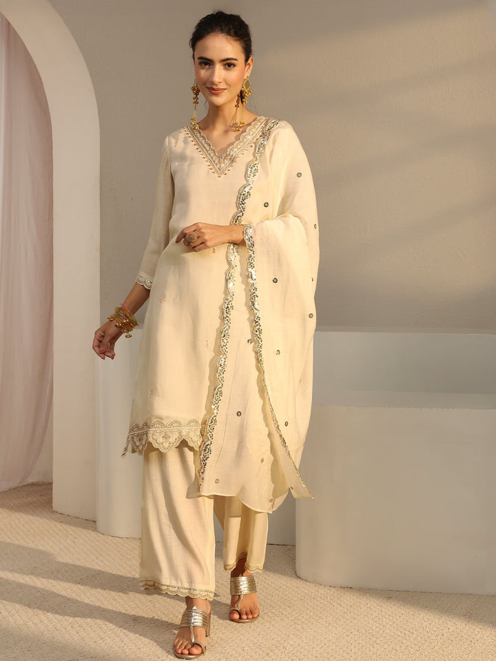 Off White Embellished Chanderi Silk Straight Suit Set With Dupatta