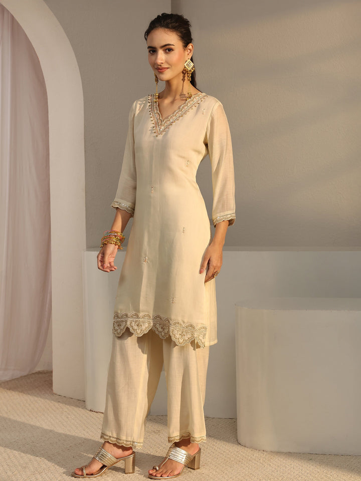 Off White Embellished Chanderi Silk Straight Suit Set With Dupatta