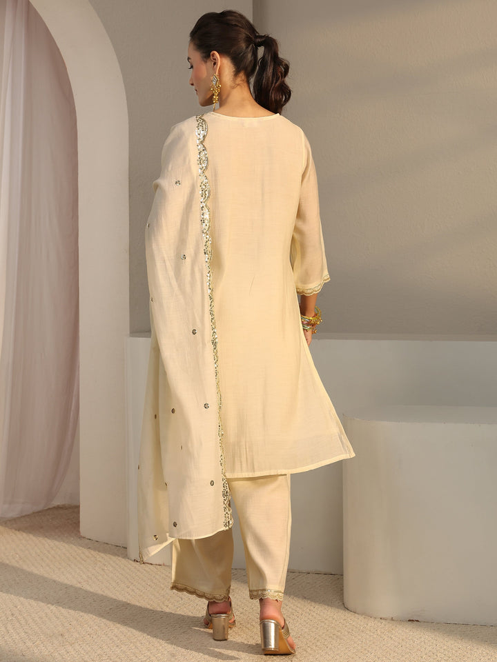 Off White Embellished Chanderi Silk Straight Suit Set With Dupatta
