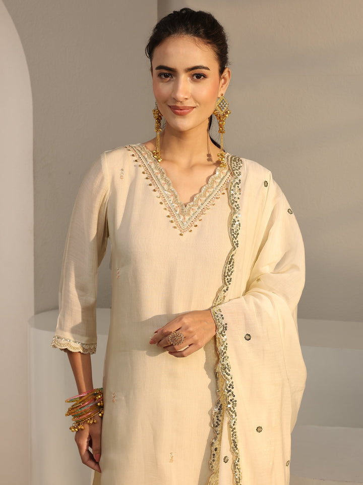 Off White Embellished Chanderi Silk Straight Suit Set With Dupatta