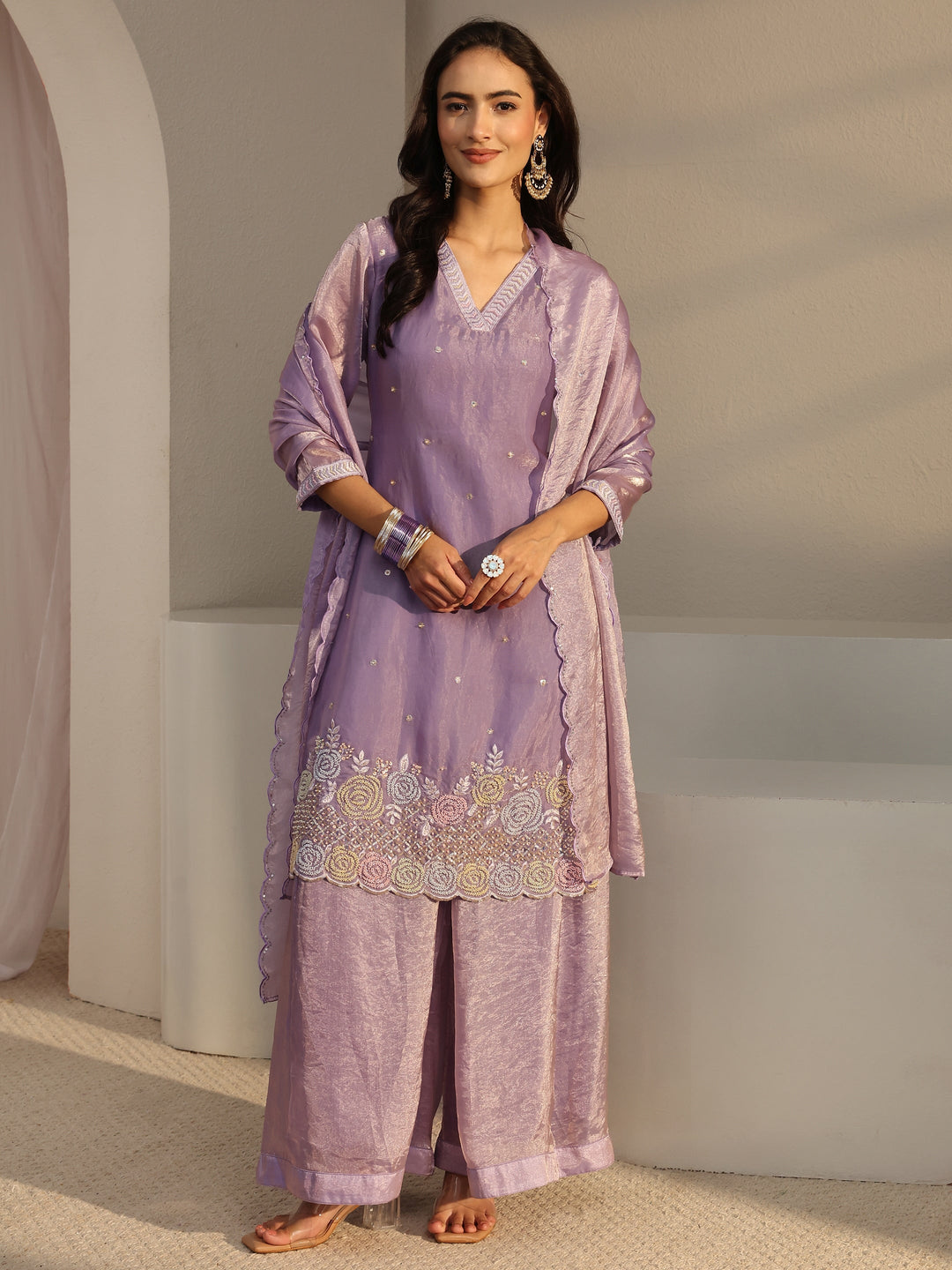 Libas Art Lavender Floral Embellished Tissue Straight Suit Set With Dupatta