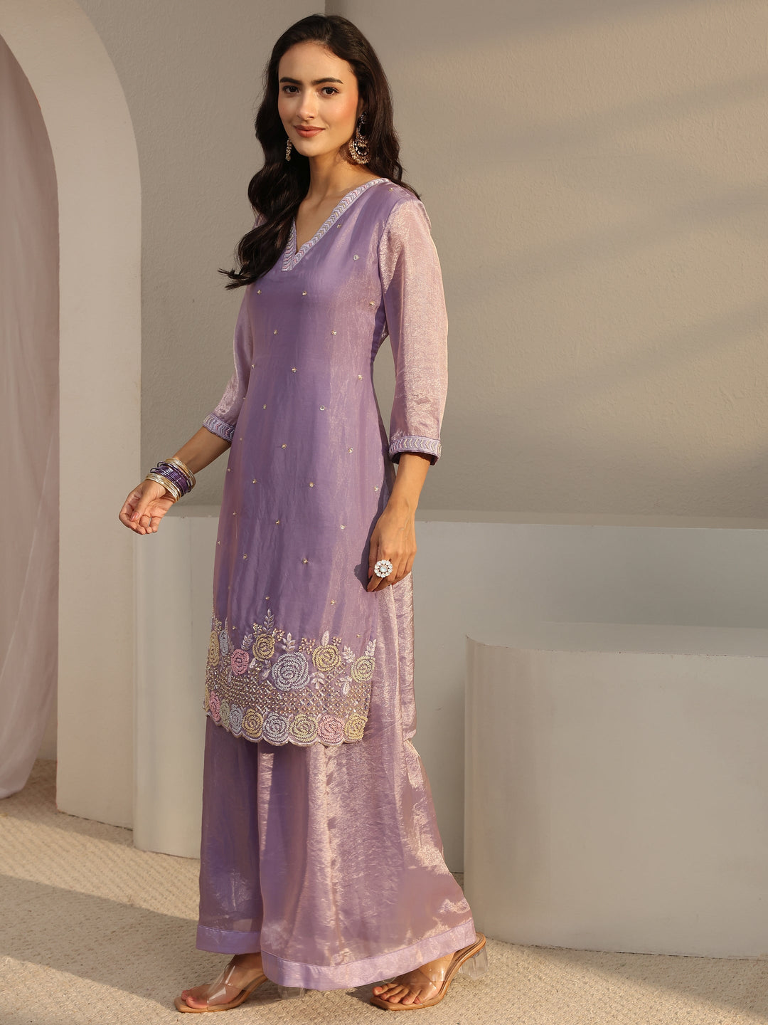 Libas Art Lavender Floral Embellished Tissue Straight Suit Set With Dupatta