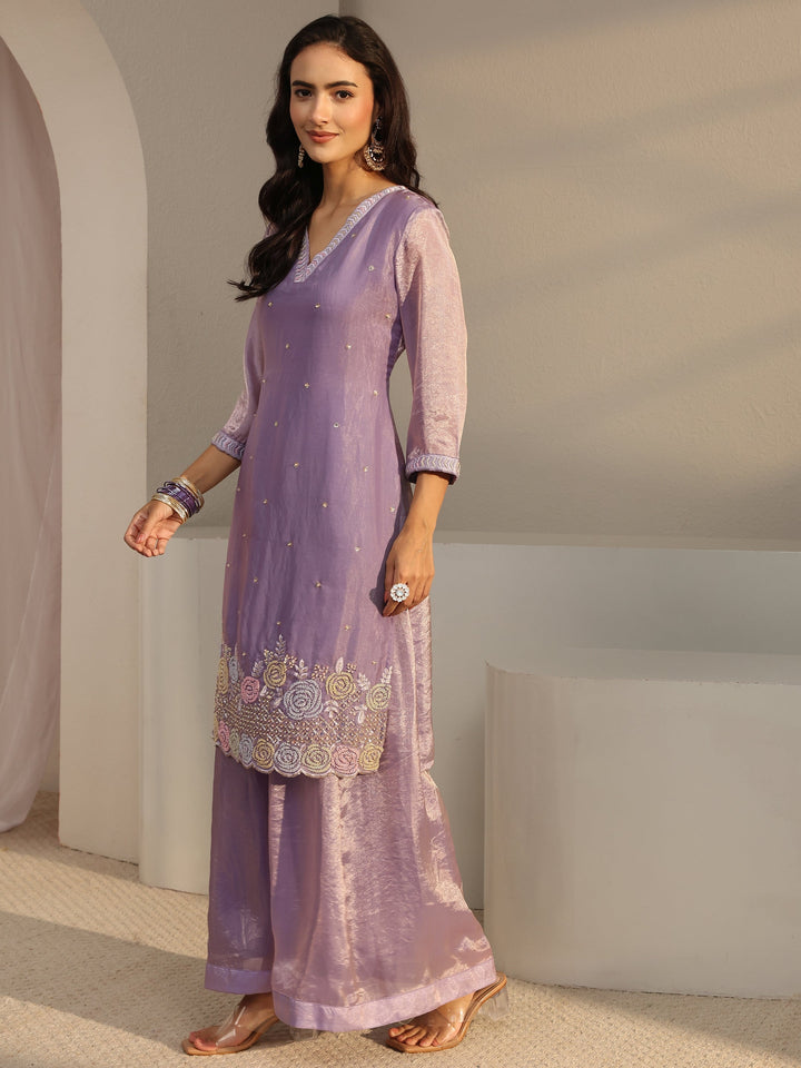 Libas Art Lavender Floral Embellished Tissue Straight Suit Set With Dupatta