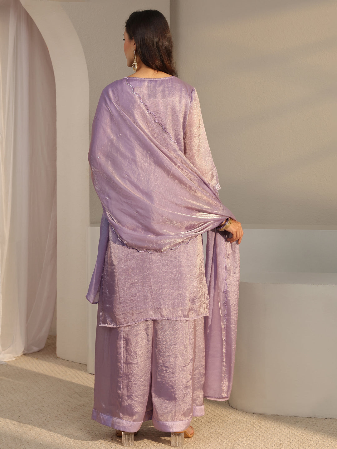 Libas Art Lavender Floral Embellished Tissue Straight Suit Set With Dupatta