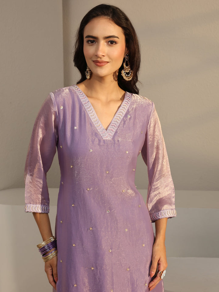 Libas Art Lavender Floral Embellished Tissue Straight Suit Set With Dupatta