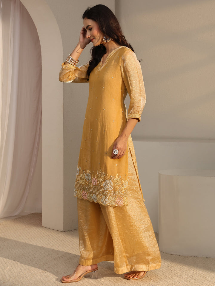 Libas Art Mustard Floral Embellished Tissue Straight Suit Set With Dupatta