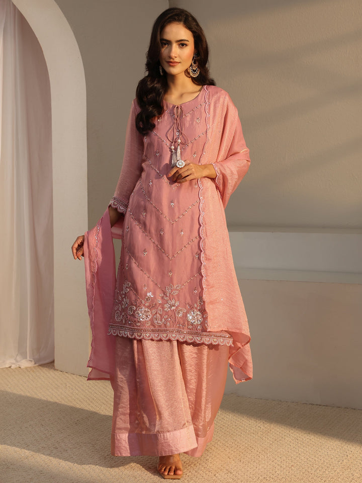 Libas Art Pink Floral Embellished Tissue Straight Suit Set With Dupatta