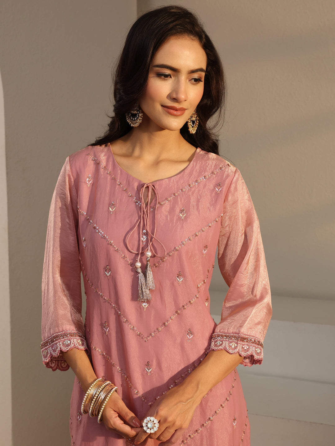 Libas Art Pink Floral Embellished Tissue Straight Suit Set With Dupatta