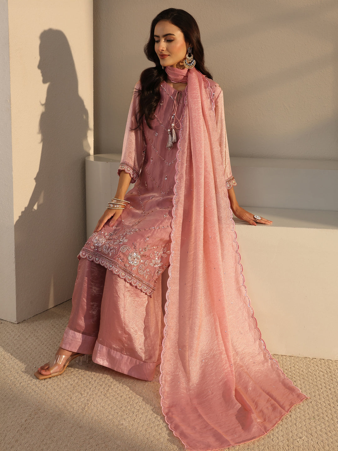 Libas Art Pink Floral Embellished Tissue Straight Suit Set With Dupatta