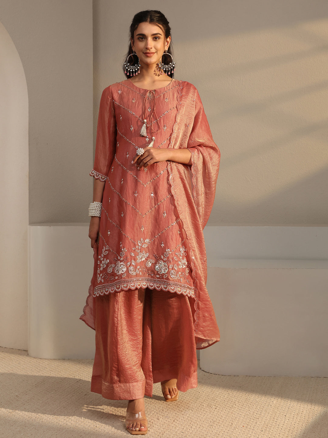 Libas Art Rust Embellished Tissue Palazzo Suit Set With Dupatta