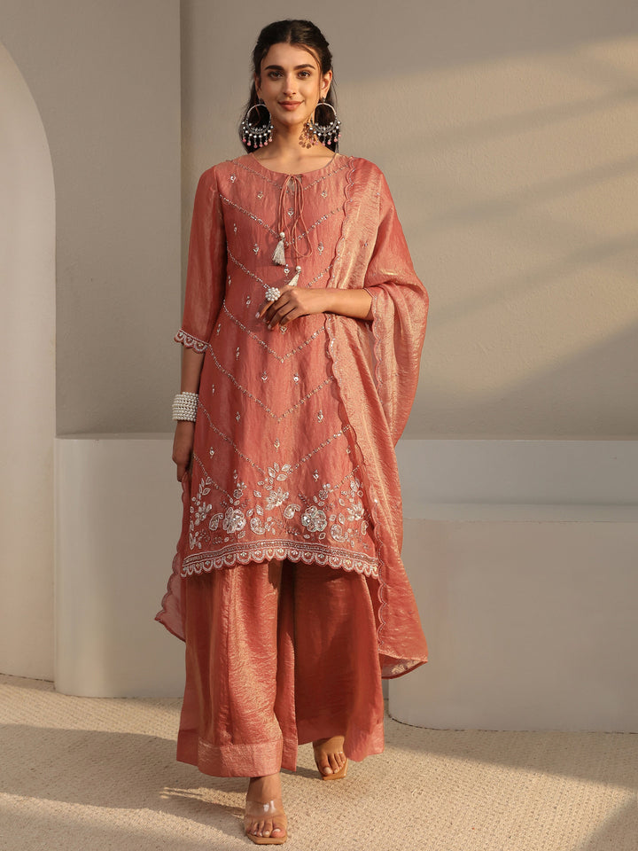 Libas Art Rust Embellished Tissue Palazzo Suit Set With Dupatta