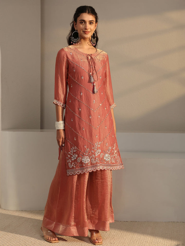 Libas Art Rust Embellished Tissue Palazzo Suit Set With Dupatta