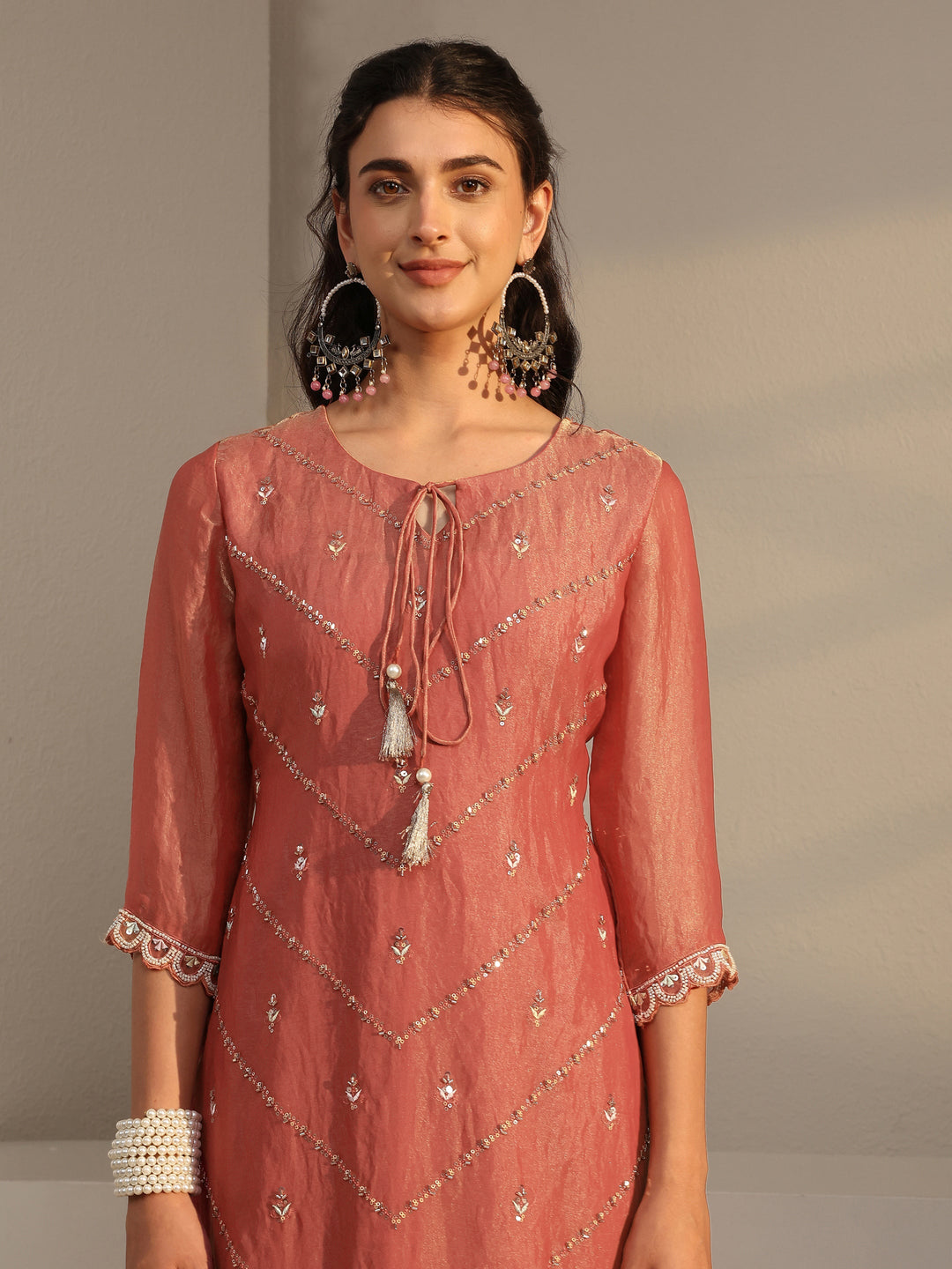 Libas Art Rust Embellished Tissue Palazzo Suit Set With Dupatta