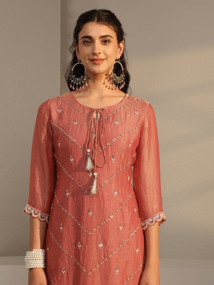 Libas Art Rust Embellished Tissue Palazzo Suit Set With Dupatta