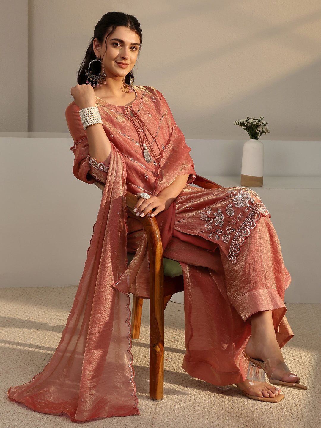 Libas Art Rust Embellished Tissue Palazzo Suit Set With Dupatta