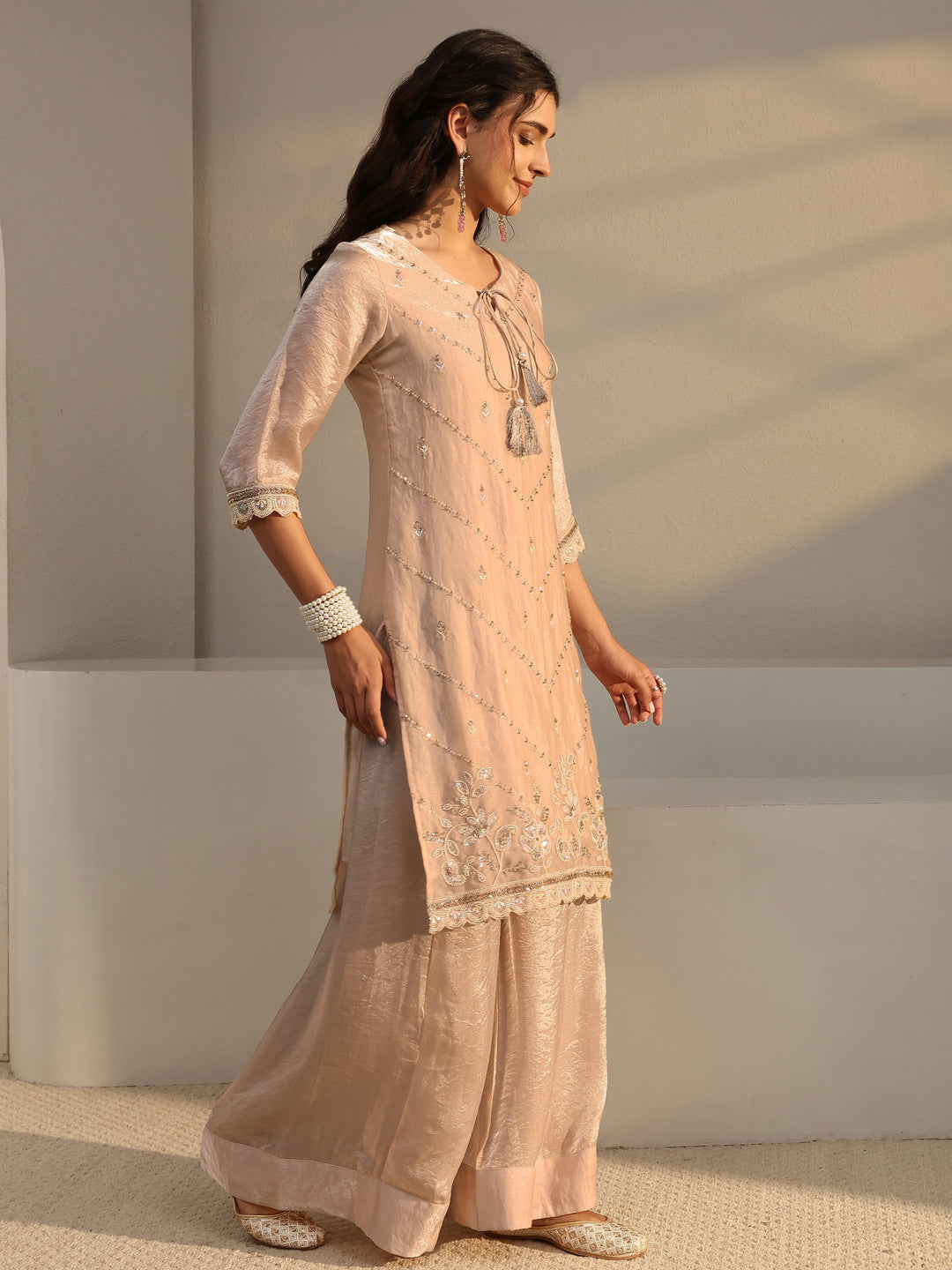 Libas Art Beige Embellished Tissue Palazzo Suit Set With Dupatta