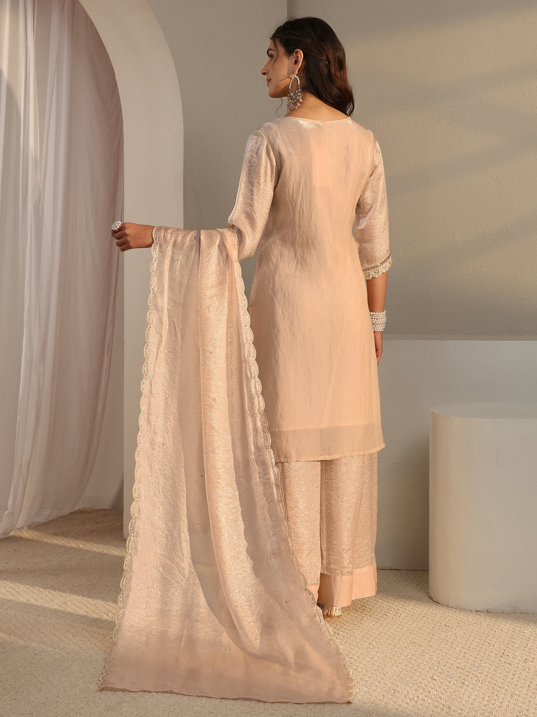 Libas Art Beige Embellished Tissue Palazzo Suit Set With Dupatta