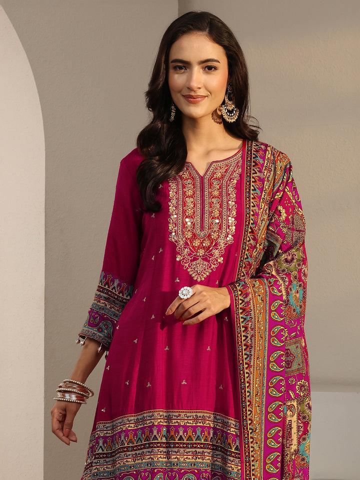 Libas Art Red Ethnic Printed Silk Blend A-Line Suit Set With Dupatta