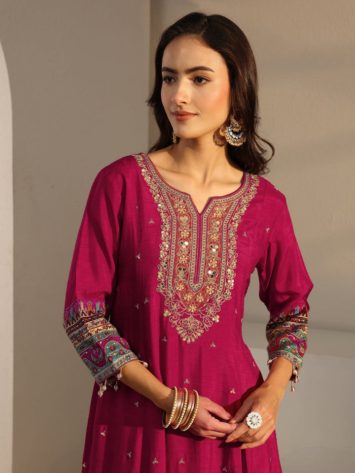 Libas Art Red Ethnic Printed Silk Blend A-Line Suit Set With Dupatta