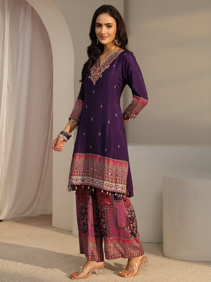 Libas Art Purple Ethnic Printed Silk Blend A-Line Suit Set With Dupatta