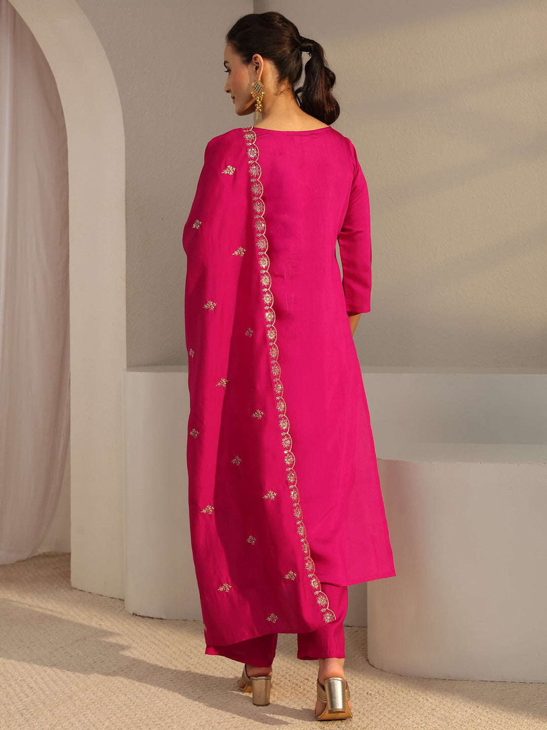 Pink Embroidered Chanderi Silk Straight Suit Set With Dupatta