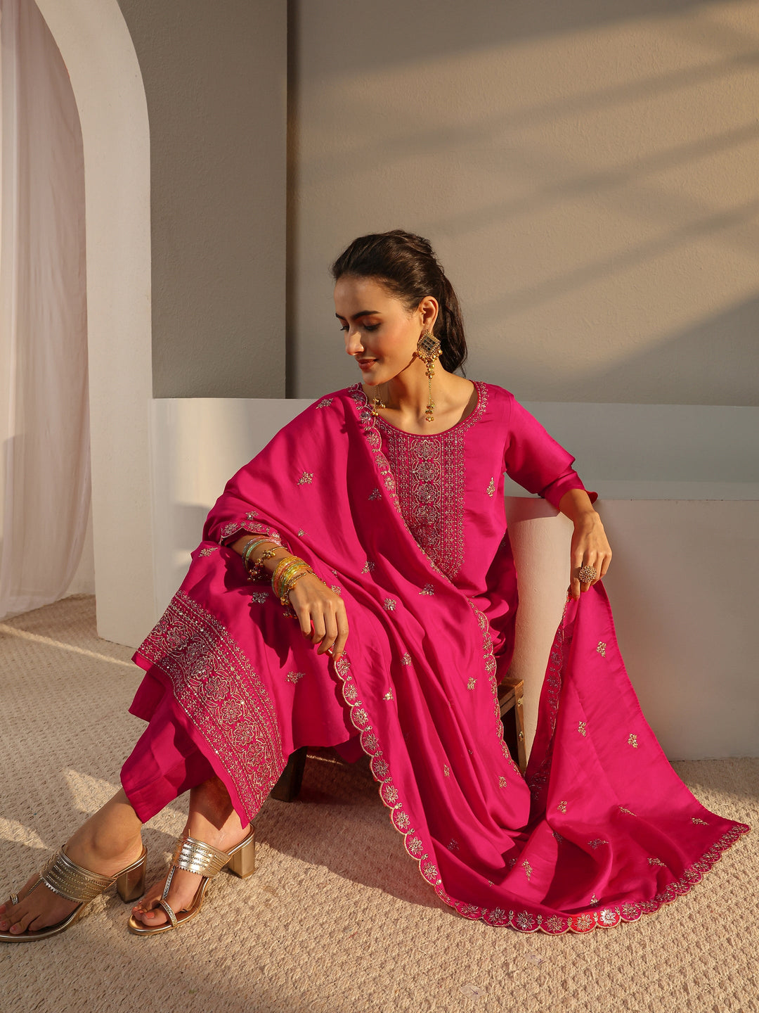 Pink Embroidered Chanderi Silk Straight Suit Set With Dupatta
