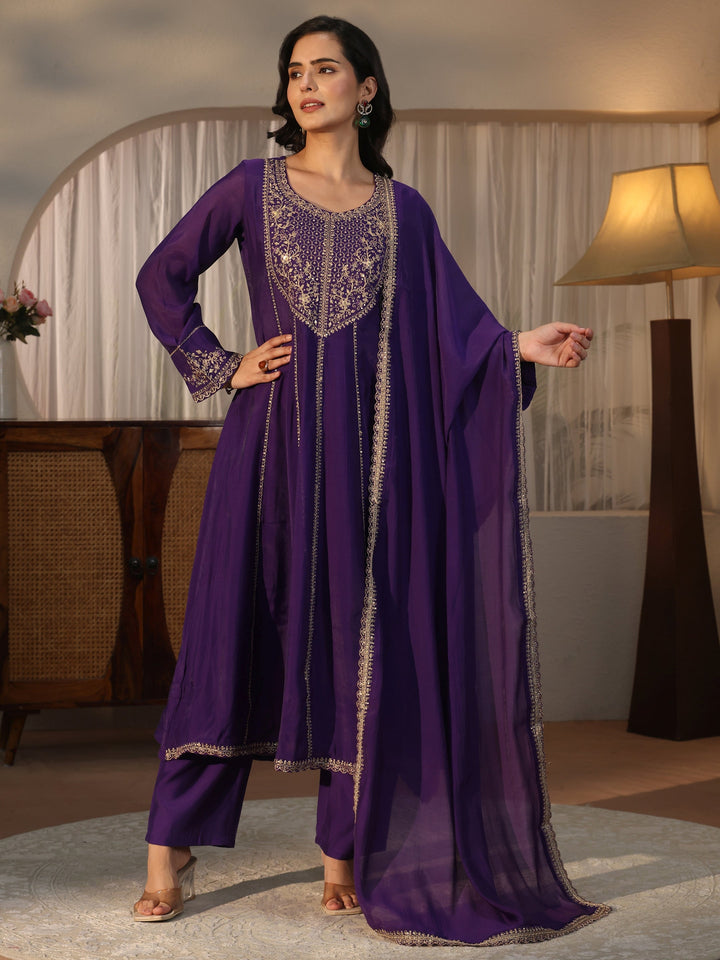 Libas Purple Yoke Design Embroidered Chanderi Silk Anarkali Suit Set