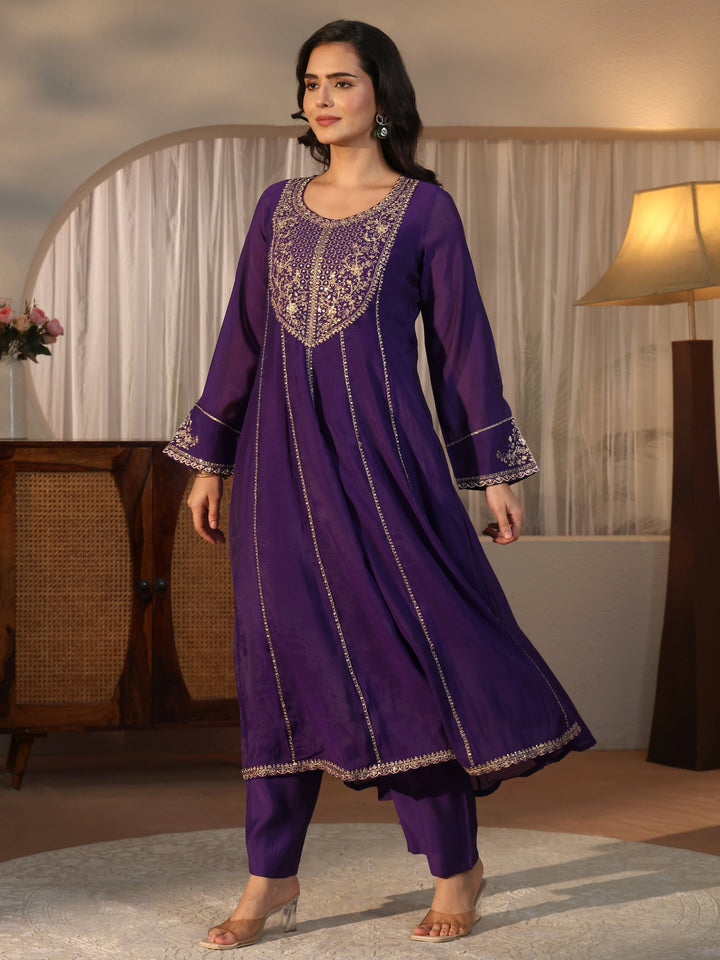 Libas Purple Yoke Design Embroidered Chanderi Silk Anarkali Suit Set