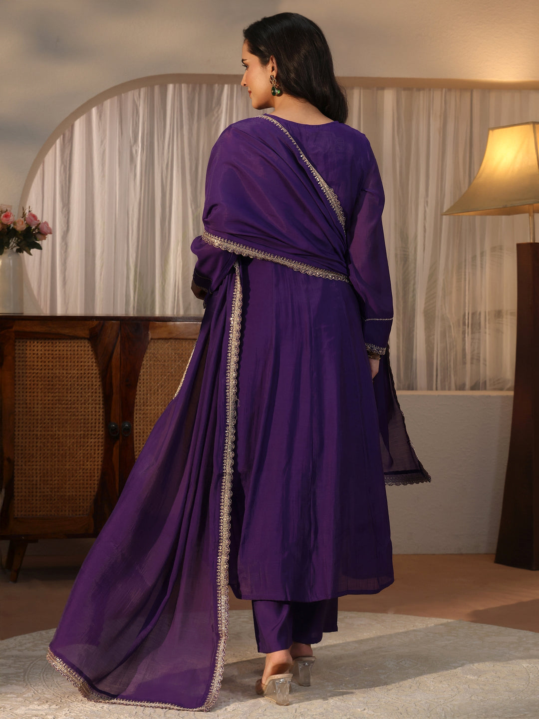 Libas Purple Yoke Design Embroidered Chanderi Silk Anarkali Suit Set