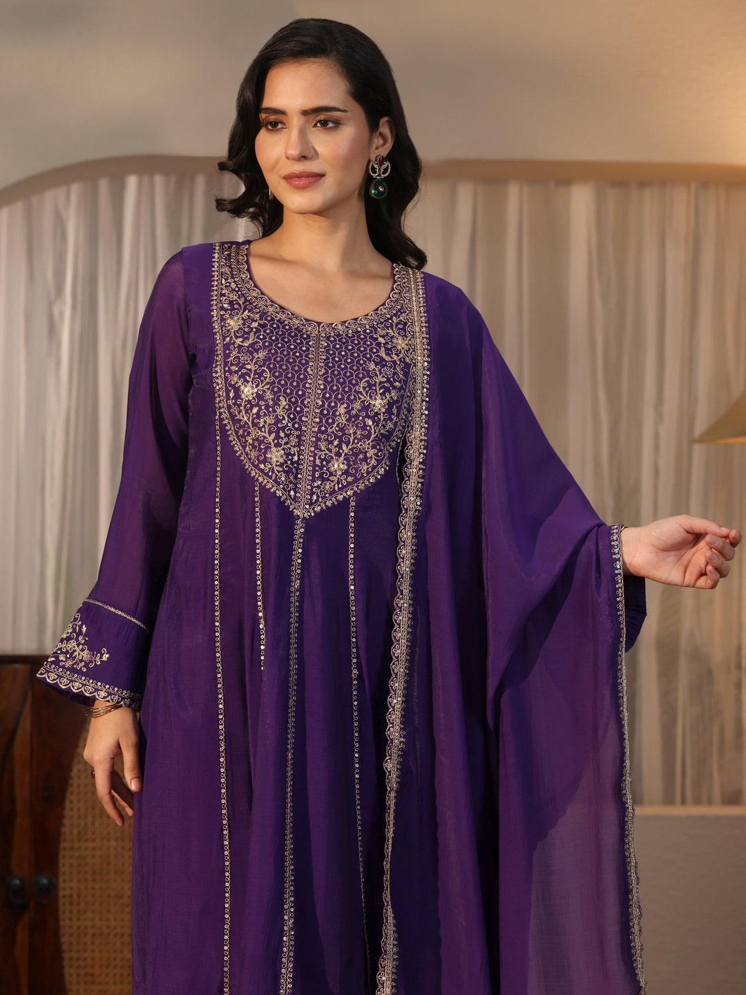 Libas Purple Yoke Design Embroidered Chanderi Silk Anarkali Suit Set