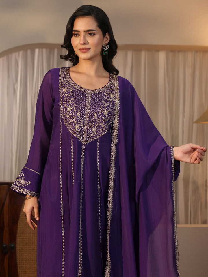 Libas Purple Yoke Design Embroidered Chanderi Silk Anarkali Suit Set