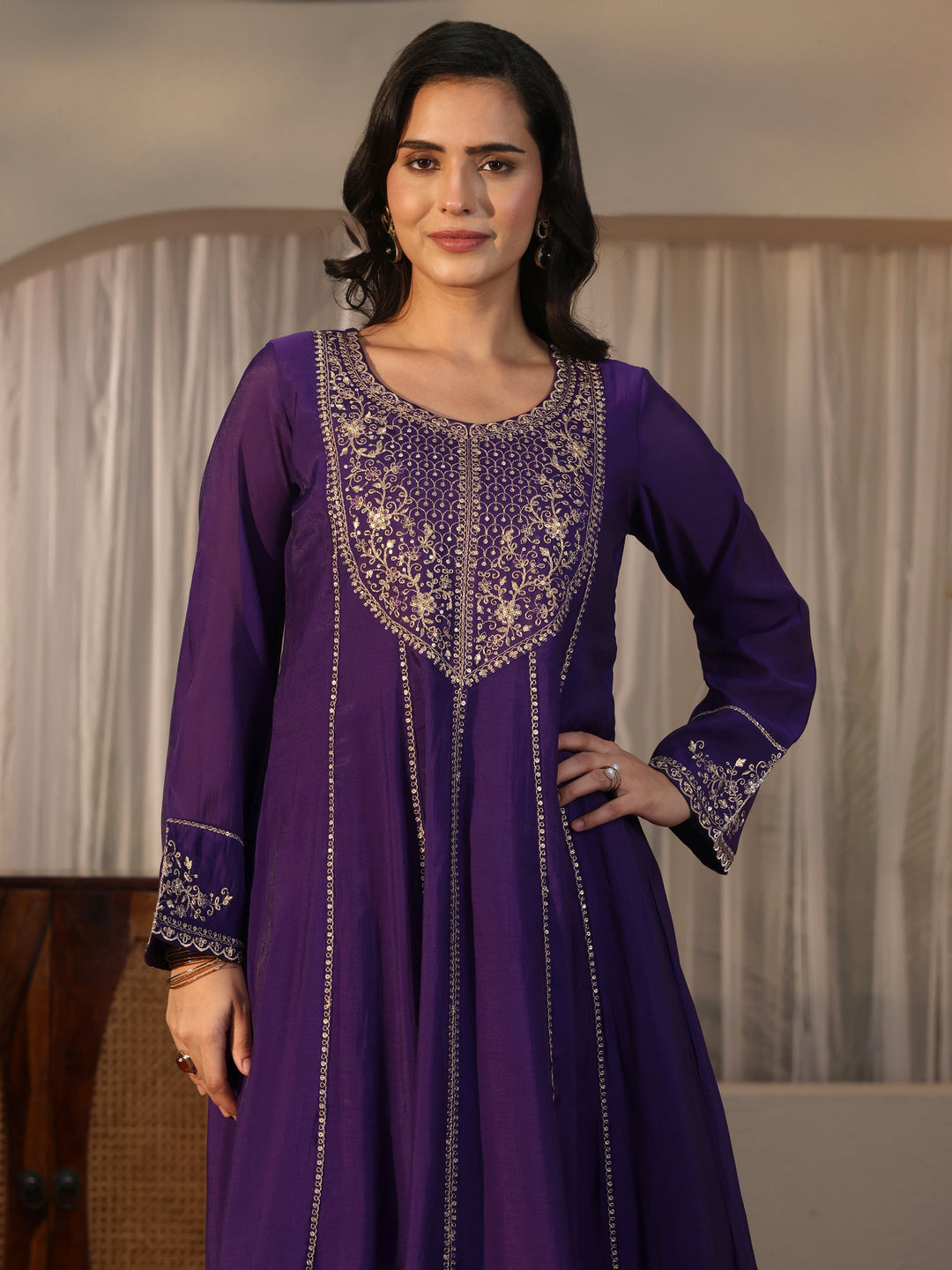 Libas Purple Yoke Design Embroidered Chanderi Silk Anarkali Suit Set